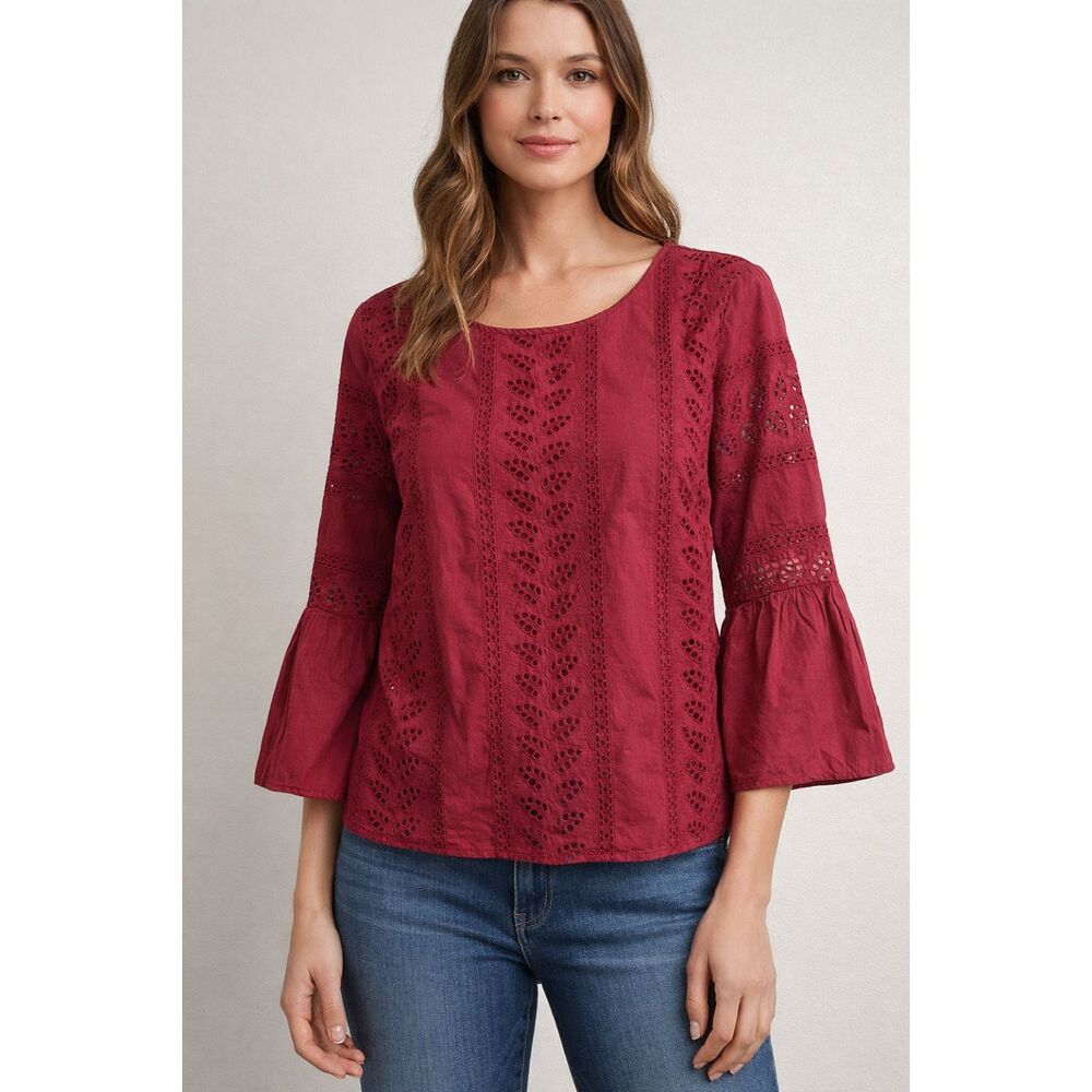 Express Burgundy Red Eyelet Top Medium Bell Sleeve Boho Cotton Blouse